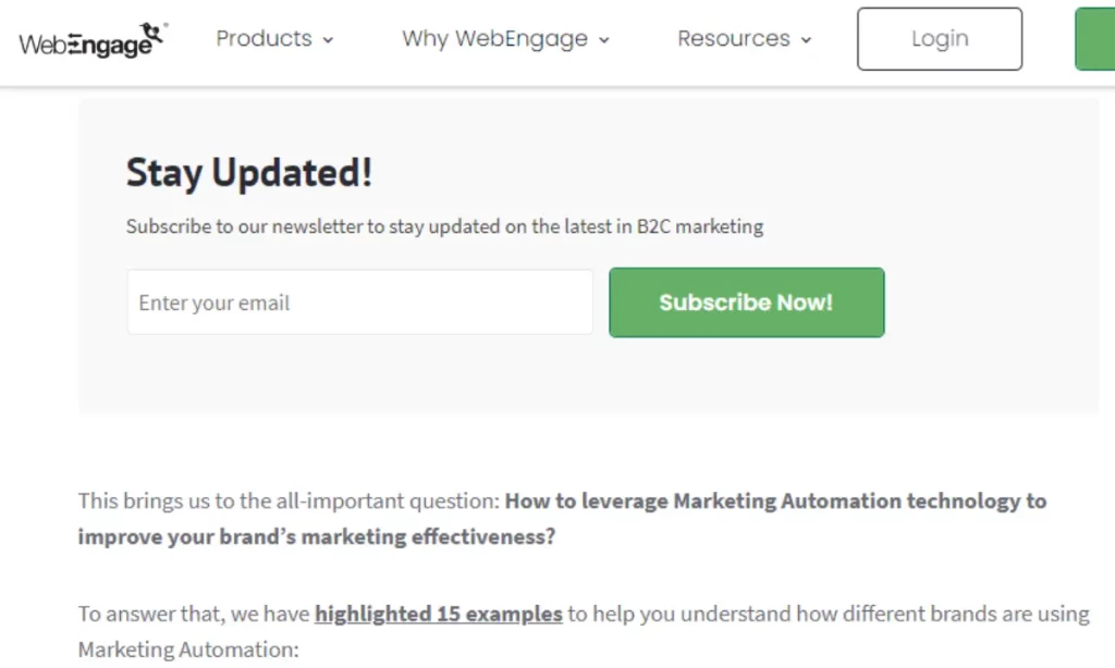 Example of ‘Webengage’ using their blog page to grow their email list